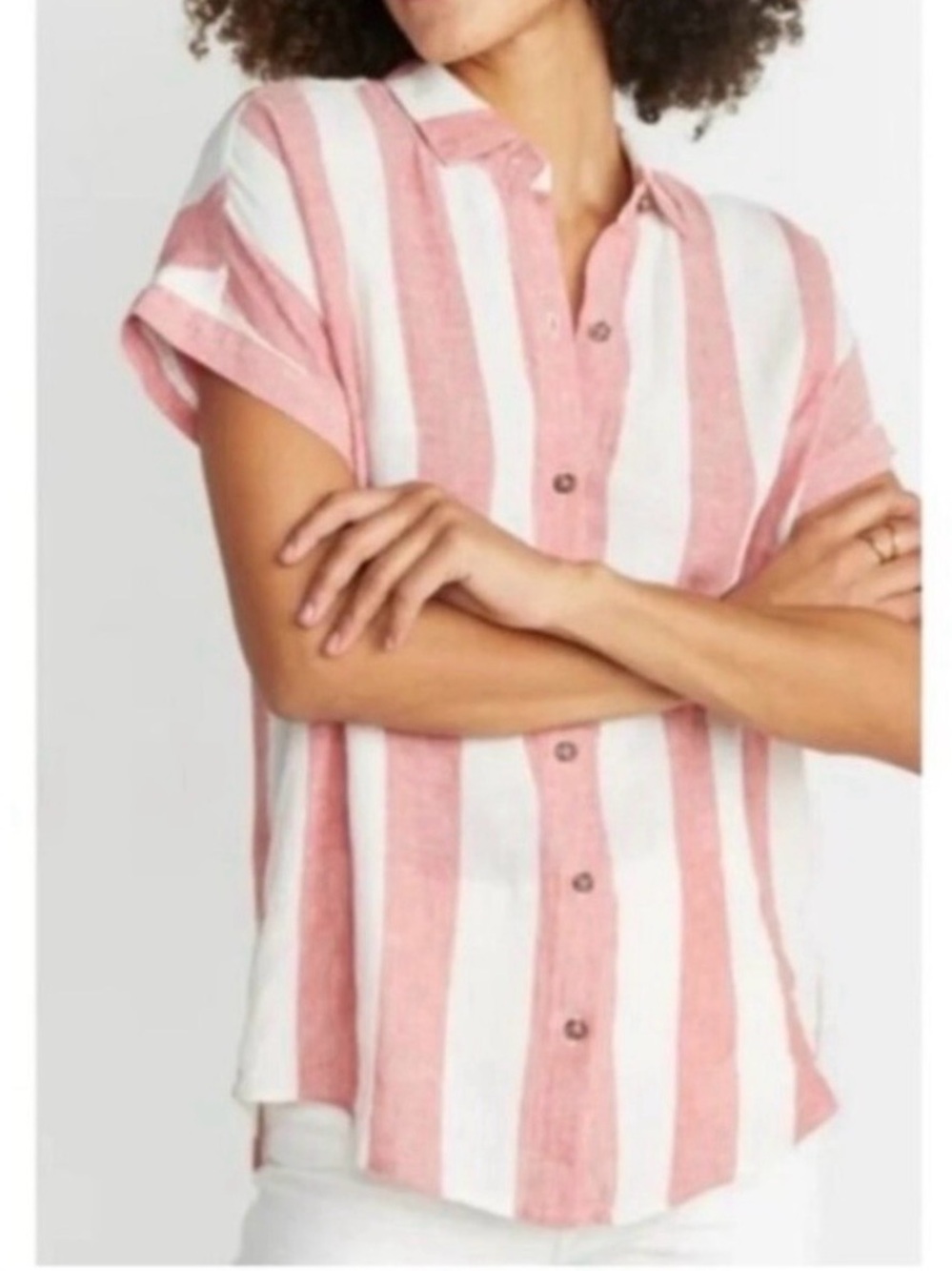 Marine Layer Short Sleeve Button Up Linen Top (Colors: Red/White, Size: Medium)